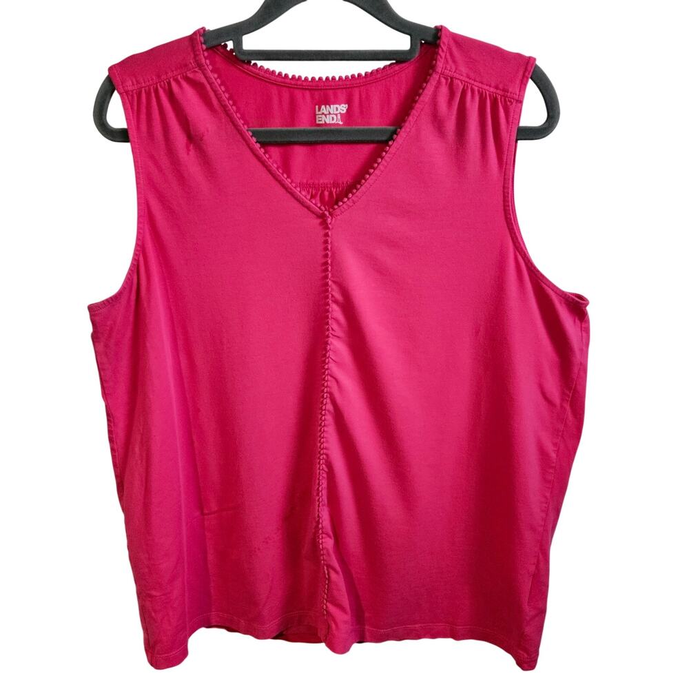 Land's End Sleeveless Stretch Tank Bright Fushia Pink Embroidered Dot Trim Basic